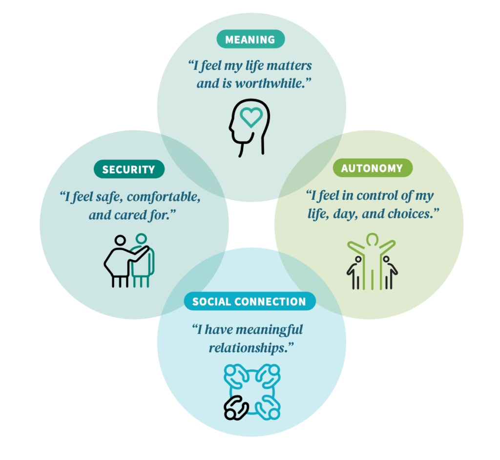 An image of the Wellbeing Framework, which describes domains of security, social connection, meaning, and autonomy